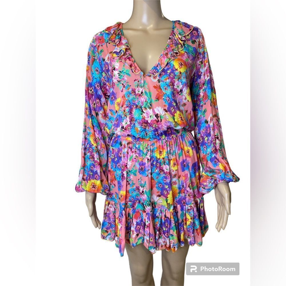 NWT Luli Fama Ruffled DeepV Frill Hem Dress size Medium - Picture 3 of 5
